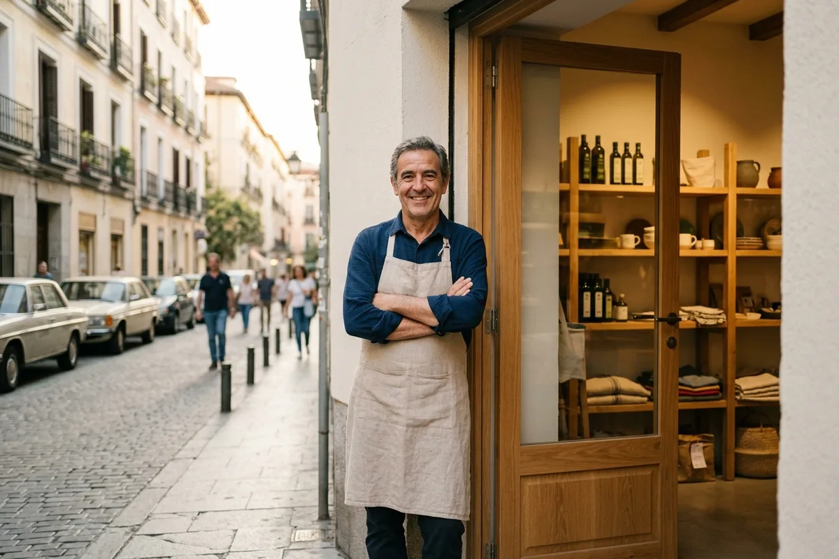 Dueño de un negocio local español sonriendo en la puerta de su tienda